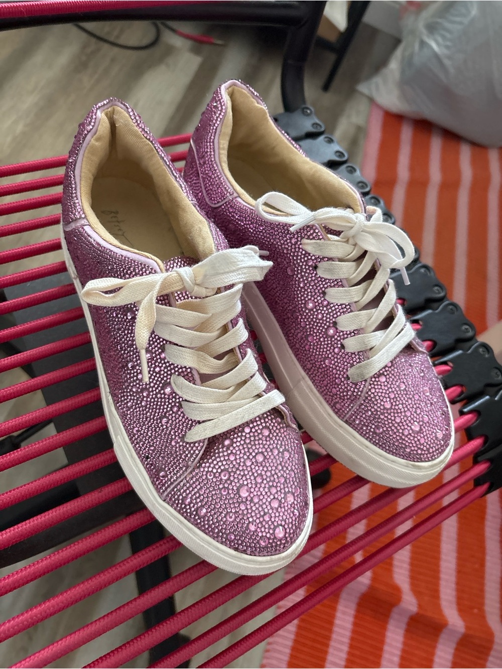 Betsey Johnson Sparkling Pink Rhinestone Lace-Up Sneakers